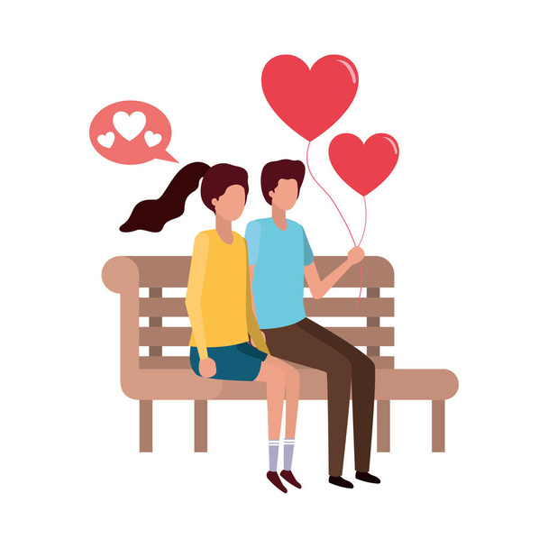 couple sitting on park chair with hearts character - Vector, Image