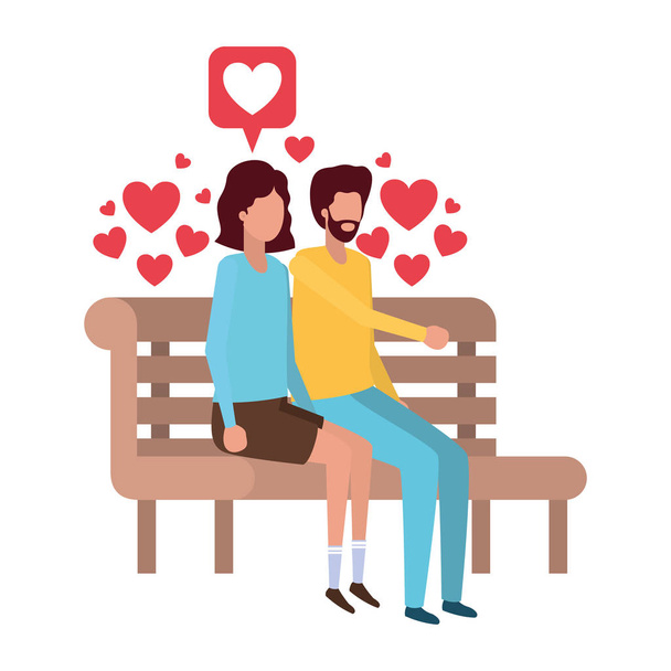 ζευγάρι κάθεται σε καρέκλα πάρκο με καρδιές χαρακτήρα - Διάνυσμα, εικόνα