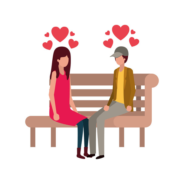couple sitting on park chair with hearts character - Vector, Image