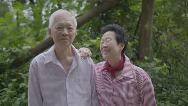 Aziatische Senior paar Stand samen In de natuur 4k - Video