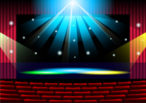 Ρεαλιστικό θέατρο σκηνή με κόκκινη κουρτίνα  - Διάνυσμα, εικόνα