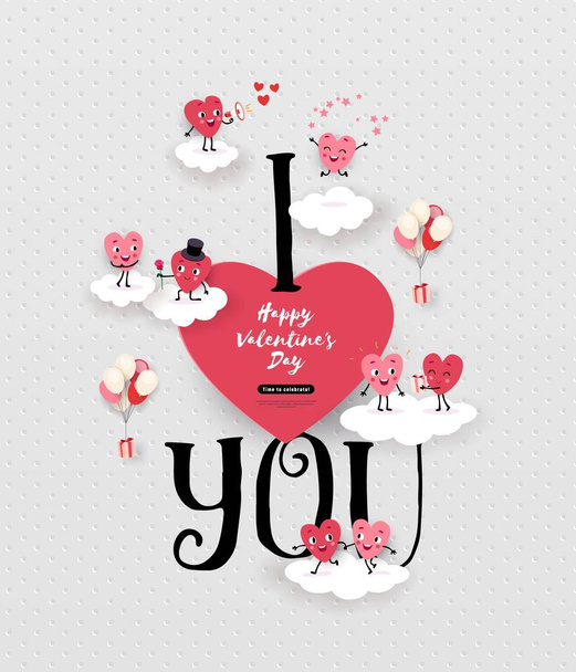 Happy Ημέρα του Αγίου Βαλεντίνου ευχετήρια κάρτα με ένα ζευγάρι κινούμενα καρδιές, επιγραφή αγαπώ. Ρομαντική ιστορία αγάπης κατάλληλο για γάμο, αρραβώνα, εικονογράφηση διάνυσμα - Διάνυσμα, εικόνα