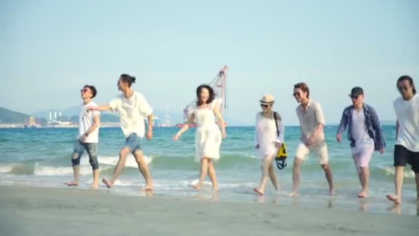 Gruppe junger asiatischer Erwachsener hat Spaß beim Spazierengehen am Strand - Filmmaterial, Video
