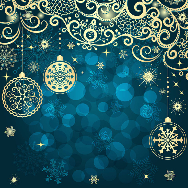 Blue Christmas frame with vintage gold tree balls and snowflakes, transparent bokeh, vector eps10 - Vettoriali, immagini