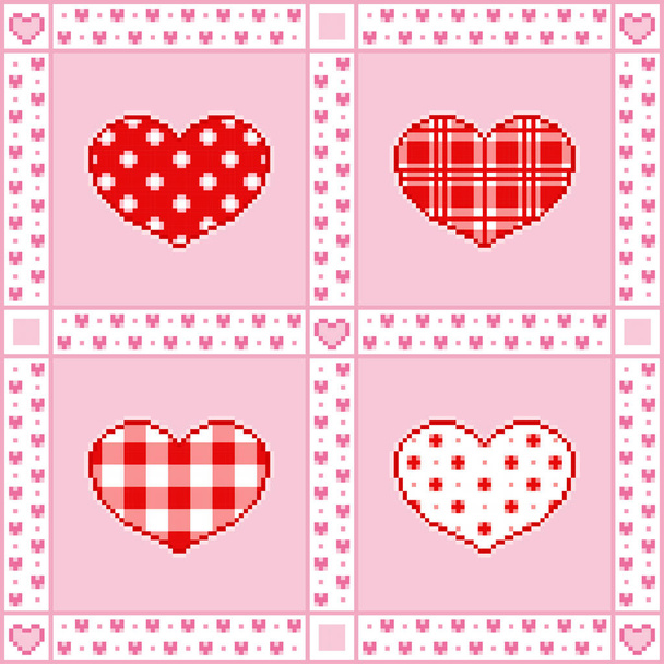 Patchwork background with hearts for Valentine's Day greetings in Pixel-Art style - Vector, afbeelding