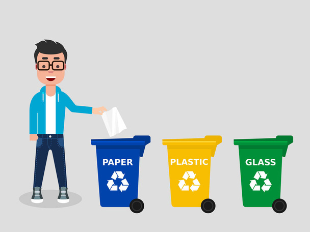 Jeune homme jetant un papier dans une corbeille de recyclage appropriée.Il y a trois poubelles de couleur différente.Recycler le papier, séparer les déchets, trier les ordures, concept respectueux de l'environnement.Illustration vectorielle, style plat
 - Vecteur, image