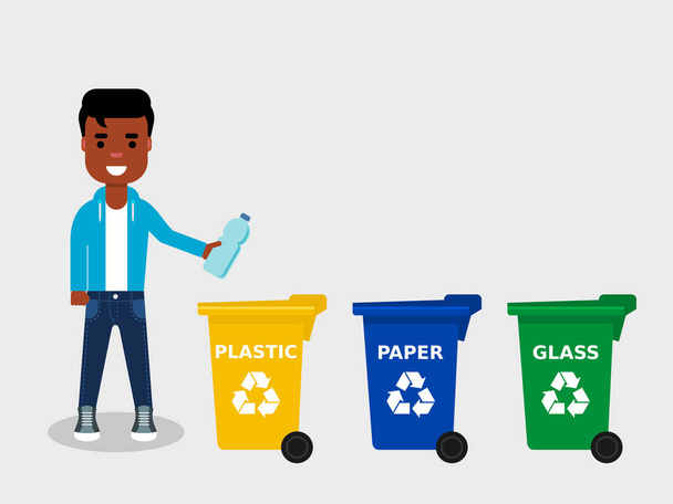 Young African American throwing a plastic bottle in appropriate recycle bin.There are three different colored trash cans.Recycling plastic,segregate waste,sorting garbage,eco friendly concept.Vector illustration, flat style - Vector, Image