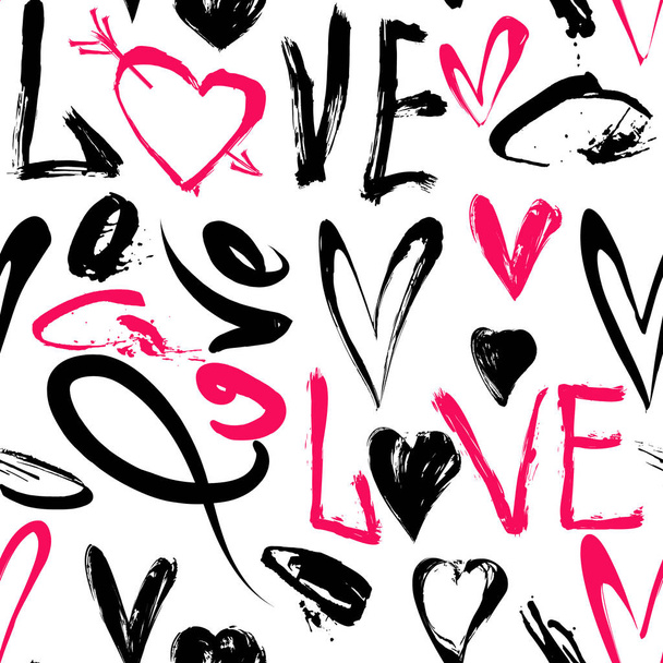 Streszczenie wektor wzór ręką malowane serca i słowa miłości. Ilustracja na Walentynki papier pakowy lub wesele zaproszenie kartę tło w kolorach czarno-biały, różowy - Wektor, obraz
