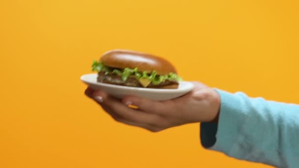 Female hands taking fatty cheeseburger offered by person, fast food addiction - Кадры, видео
