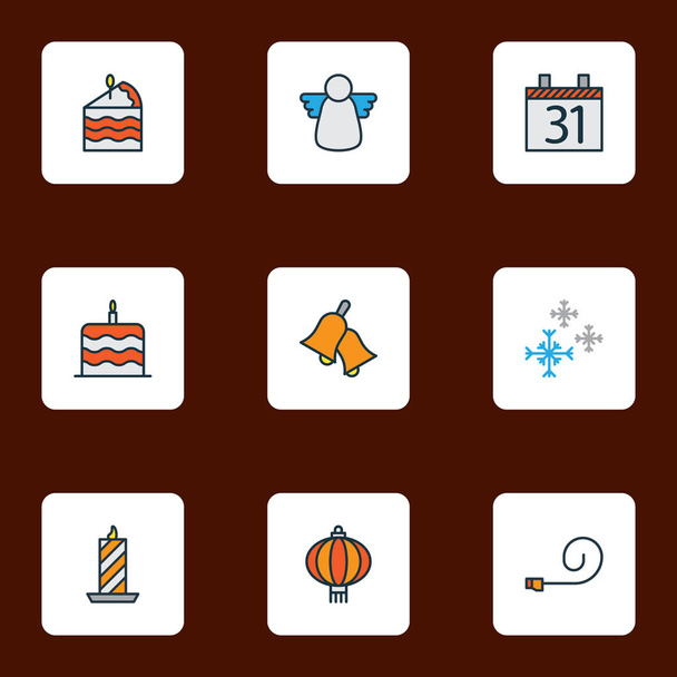 Year icons colored line set with ringing, snowflakes, christmas angel and other calendar elements. Isolated  illustration year icons. - Photo, Image