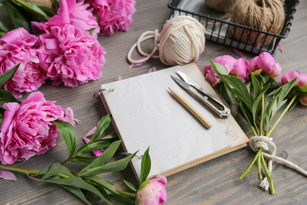 Vintage background, hand made. Pink peony and old scissors, ribbons,  notebook for text. Mothers day. - Fotografie, Obrázek