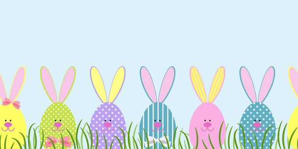 Easter background. Seamless border with Easter bunnies in the green grass. Decorative Easter bunnies. Vector illustration - Vector, Image
