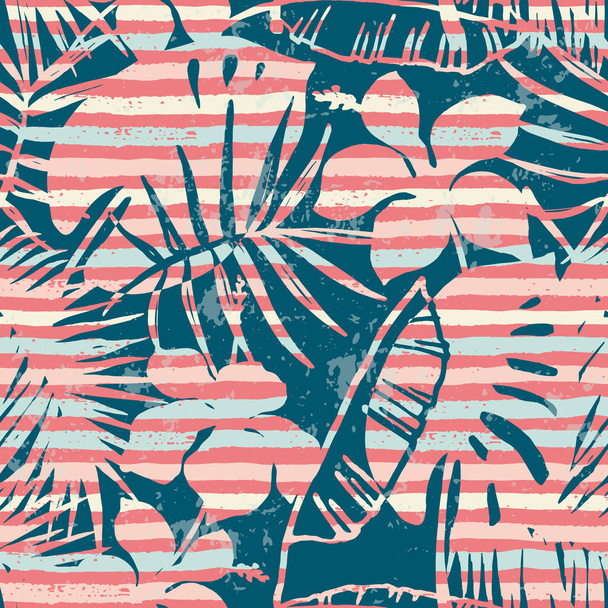 Seamless exotic pattern with tropical plants and stripes background. - Vector, Image