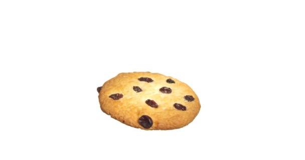 Печиво з родзинками спінінг і обертання ізольованим на білому тлі харчування зважених у повітрі - Кадри, відео