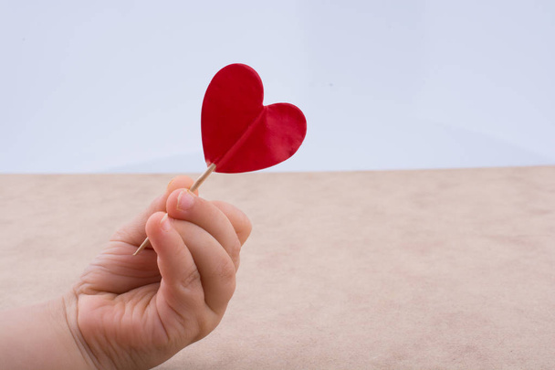 Forma de corazón de color rojo en la parte superior de un palo en la mano
 - Foto, Imagen