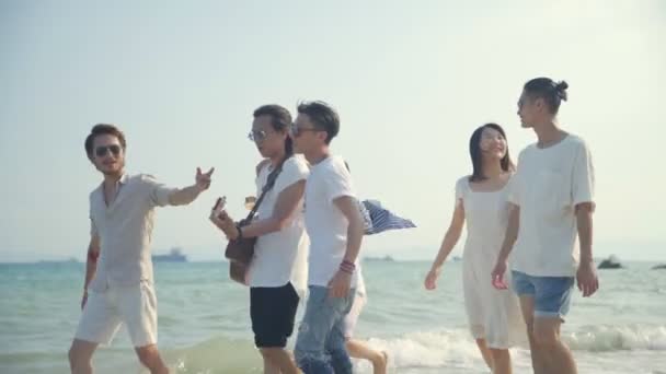 gruppo di giovani asiatici adulti uomini e donne si divertono a camminare cantando sulla spiaggia, vista posteriore
. - Filmati, video