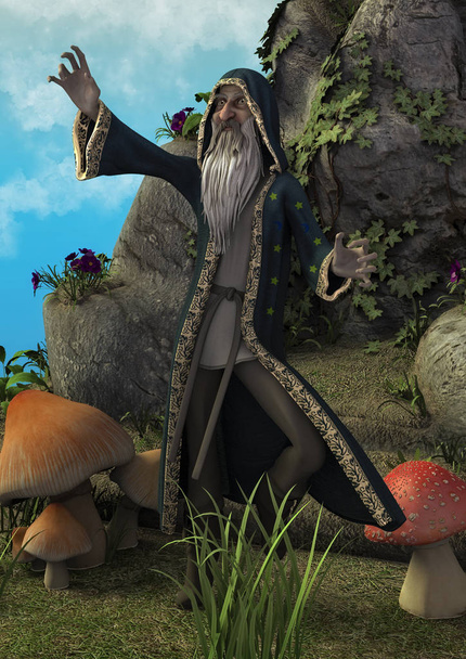 Een sprookje scène met een tovenaar in een weide, vol met gras, paddestoel en een enorme troon gemaakt in steen.  - Foto, afbeelding