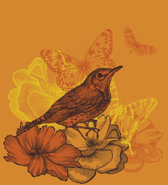 Floral background with a bird blackbird, blooming roses and butt - Вектор, зображення