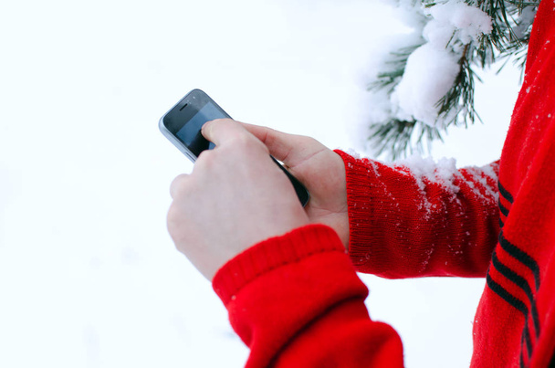 Mobiltelefon mit Touchbedienung in den Händen von Männern und schneebedecktem Kiefernzweig auf weißem Hintergrund - Foto, Bild