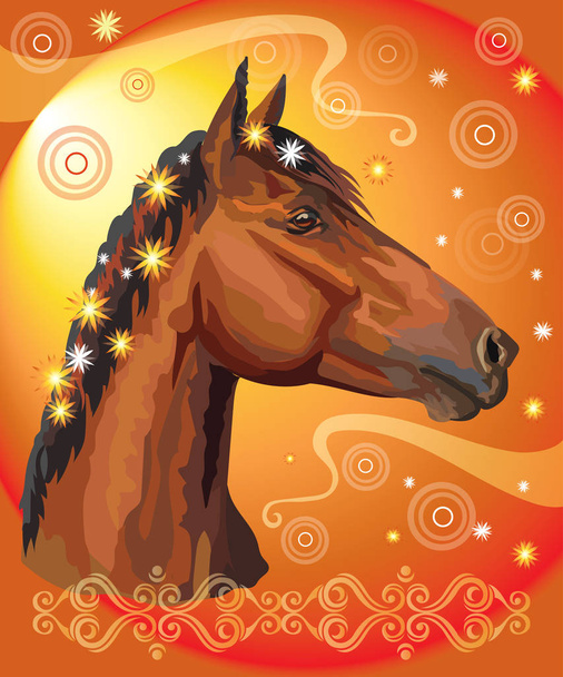 Vector colorful illustration. Portrait of bay horse with different flowers in mane isolated on orange gradient background with decorative ornament and circles. Image for art and design  - Vector, Image