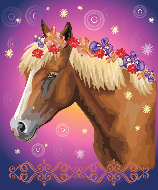 Πολύχρωμη εικονογράφηση φορέα. Πορτραίτο του αλόγου με διάφορα άνθη σε mane απομονώνονται σε μοβ φόντο κλίση με διακοσμητικό στολίδι και κύκλους. Εικόνα για την τέχνη και το design  - Διάνυσμα, εικόνα
