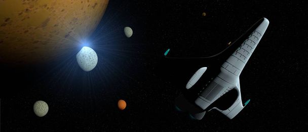 Escena de fantasía: Nave espacial blanca con turbina iluminada a través de la galaxia con planetas de diferentes colores a su alrededor. Formato ancho. Ilustración 3D
 - Foto, imagen