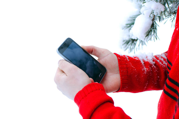 mobile phone with touch control in men's hands and pine branch covered with snow on white background - Photo, Image