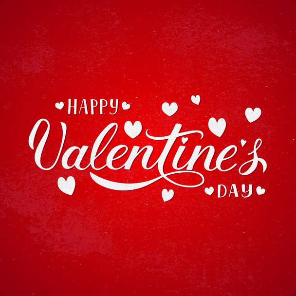 Happy Valentines Day hand lettering with hearts on red background. Holiday celebration poster. Easy to edit vector template for Valentines day greeting card, invitation, flyer, banner  - Vettoriali, immagini