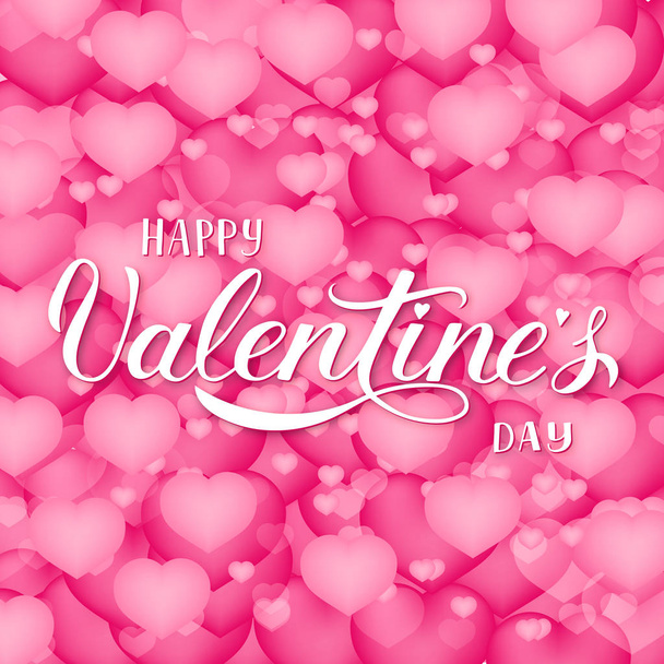 Happy Valentines Day calligraphy hand lettering on soft pink background with 3d hearts confetti. Easy to edit vector template for Valentines day greeting card, party invitation, flyer, banner - Вектор, зображення