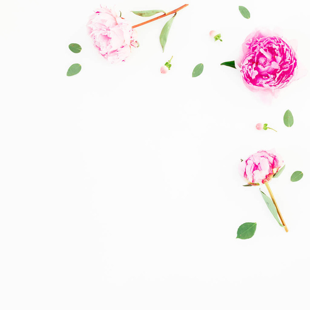 Composizione floreale con peonie rosa fiori, iperico e foglie di eucalipto su fondo bianco. Posa piatta, vista dall'alto. Copia spazio
 - Foto, immagini