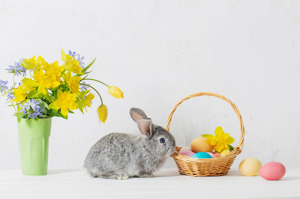 bunny with easter eggs and flowers on white background - Fotografie, Obrázek