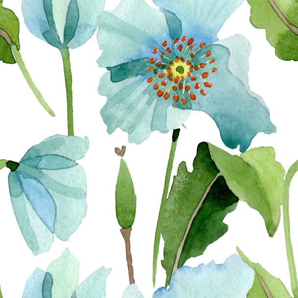Μπλε φλοράλ βοτανικό λουλούδι παπαρούνας. Ακουαρέλα φόντο εικόνα σύνολο. Απρόσκοπτη υπόβαθρο μοτίβο. - Φωτογραφία, εικόνα