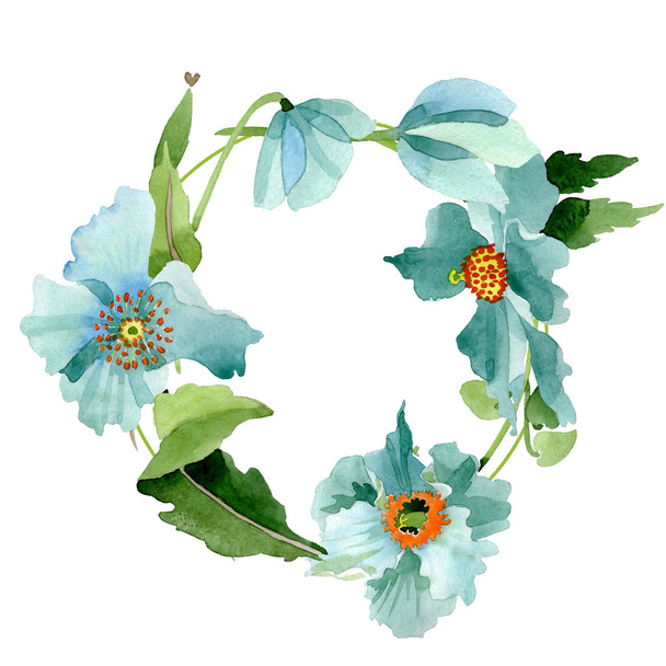 Blue poppy floral botanical flower. Watercolor background illustration set. Frame border ornament square. - Fotoğraf, Görsel