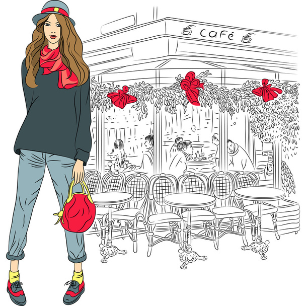 Vector lovely fashion girl on the background of Paris - Vector, Image