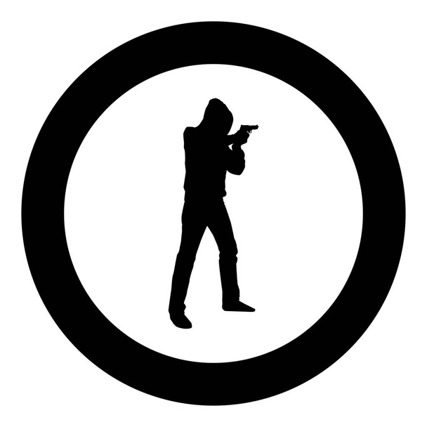 Hombre en la capucha con pistola Concepto peligro brazo corto icono color negro vector ilustración plano estilo simple imagein círculo redondo
 - Vector, imagen