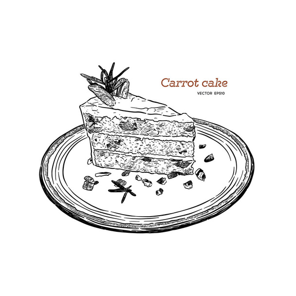 carrot cake with walnuts, prunes and dried apricots hand draw sketch vector. - Vecteur, image