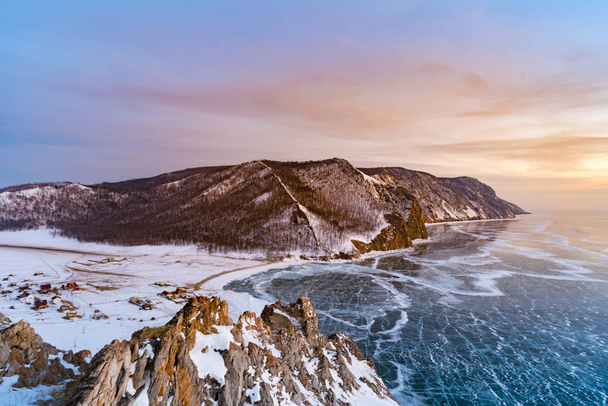 Frozen Baikal water lake with mountain, Suberia Russia winter season natural landscape background - 写真・画像