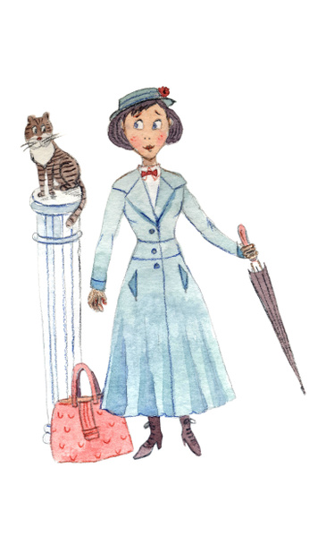 Cartoon-Illustration von Babysitter mit Regenschirm, Koffer und Katze auf einer Säule - Illustration mit Bleistift und Aquarell - Foto, Bild