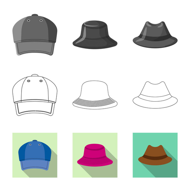 Vector illustration of headgear and cap logo. Set of headgear and accessory stock symbol for web. - Vetor, Imagem
