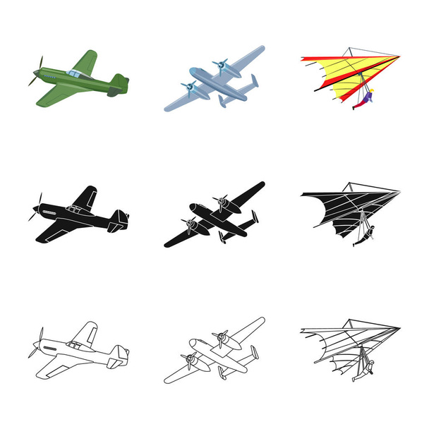 Vektorillustration des Flugzeugs und des Transportsymbols. Set von Flugzeug und Himmel Aktiensymbol für Web. - Vektor, Bild
