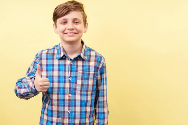 happy smiling enthusiastic boy showing thumb up - 写真・画像