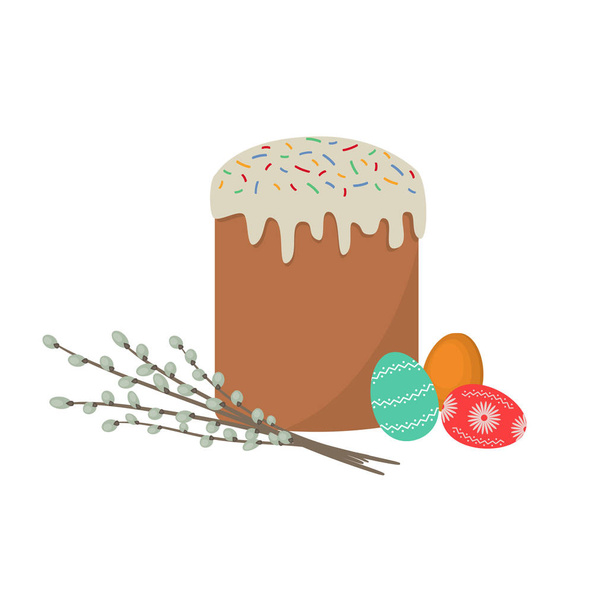 Easter cake, eggs and willow twigs, isolated on a white background. Vector illustration - ベクター画像