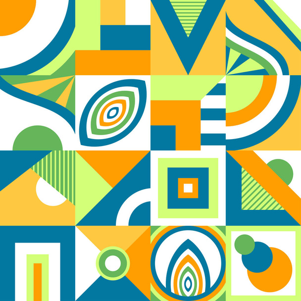 Abstracte naadloze patroon in Memphis of mozaïek primitieve geometrische vorm of in gebrandschilderd glas windows stijl in blauw groen oranje voor decoratie trend moderne dingen - Vector, afbeelding