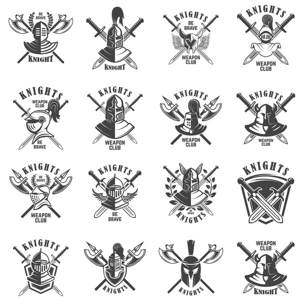 Set of emblems with knights, swords and shields. Design element for logo, label, emblem, sign, poster, t shirt. Vector illustration - Фото, изображение