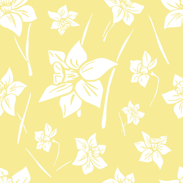 Векторний безшовний квітковий візерунок. Білі квіти, нарциси на жовтому тлі
 - Вектор, зображення