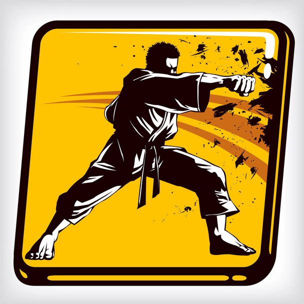 Taistelulajien dynaaminen ikoni. Punch luku karate taistelevat asennossa keltaisella pohjalla. Käsi kädessä tappelu. Karateesitystekniikan kuvake. Itämainen taistelu urheilu
 - Vektori, kuva