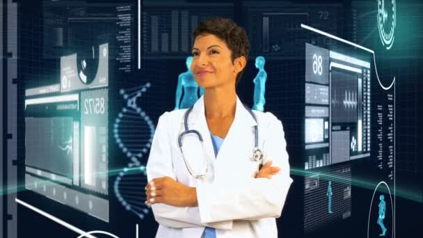 γυναίκα γιατρό εικονικό στούντιο ιατρικό περιβάλλον - Πλάνα, βίντεο