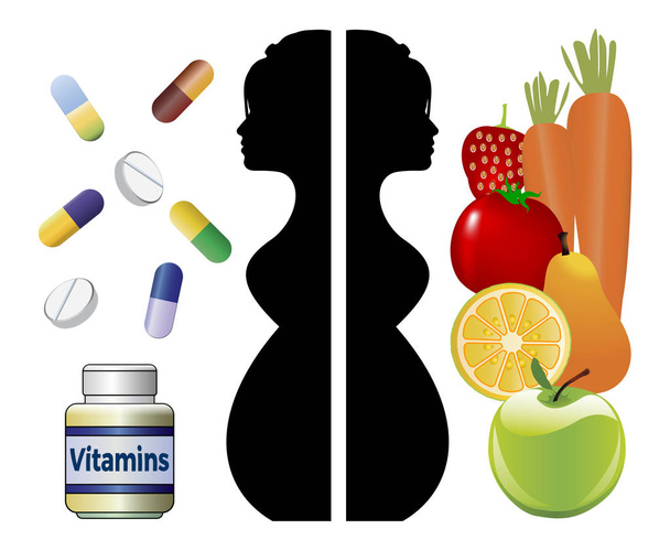 Präparate während der Schwangerschaft. gesunde Ernährung wie Obst und Gemüse und zusätzliche Vitamine für ausreichend tägliche Nährstoffe - Foto, Bild
