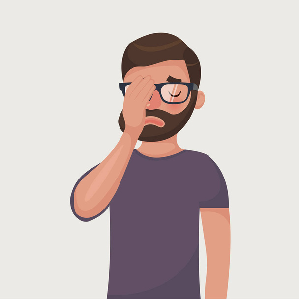 Hipster beard man in glasses make a facepalm gestures. Headache, disappointment or shame. Vector illustration in cartoon style - Vector, Image