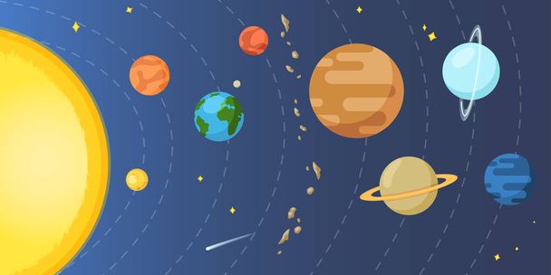 Χρώμα επίπεδης εικονογράφηση - ηλιακό σύστημα με ήλιο και όλους τους πλανήτες του φορέα - Διάνυσμα, εικόνα
